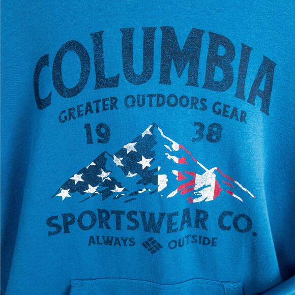 Columbia Graphic Print Hoodie Men’s Medium Blue Pullover Americana Style - Picture 2 of 14